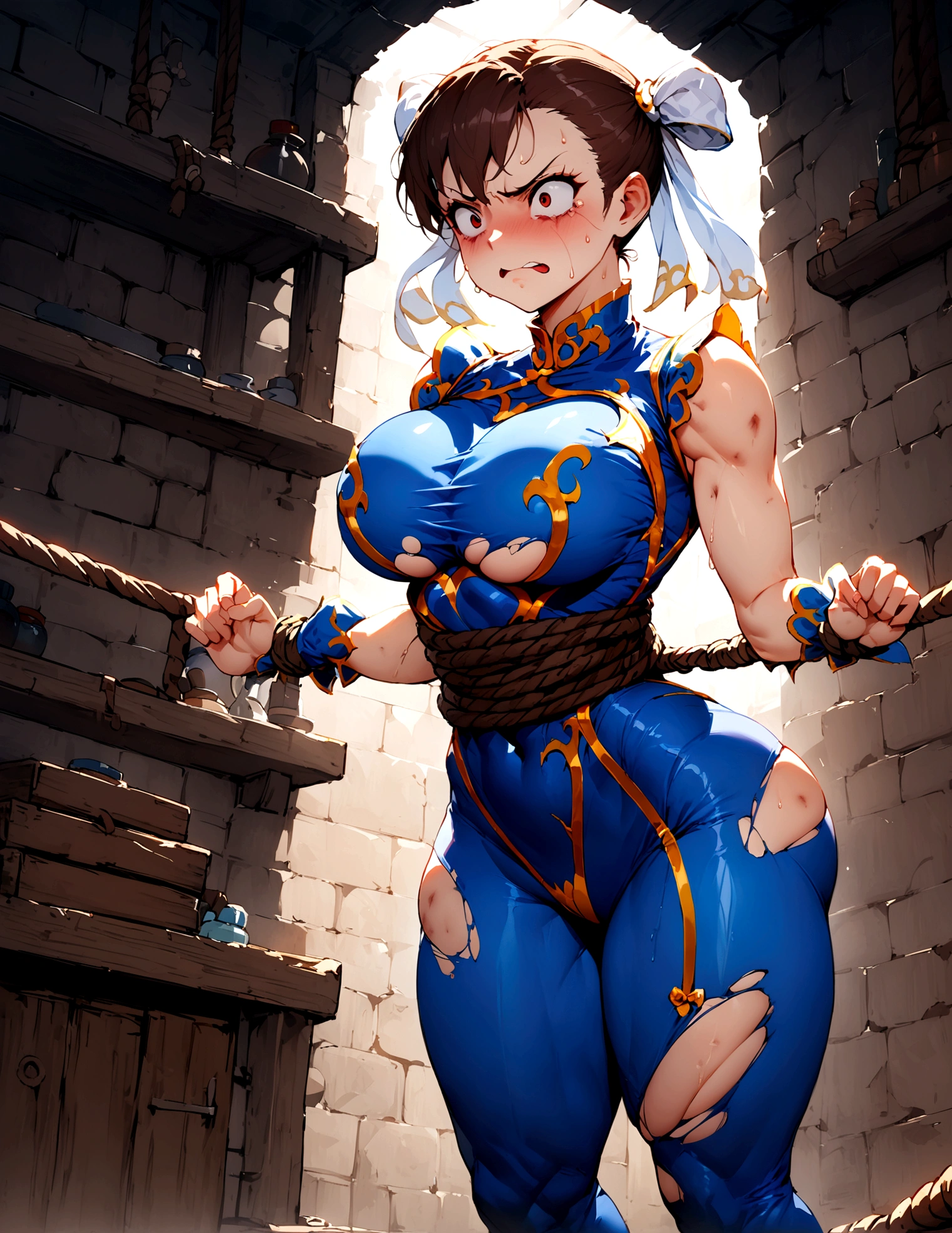 One girl,18-year-old,Excellent anatomy, masterpiece, Highest quality,Realistic, hyperRealistic, 16k hdr,(necklace,Cleavage,damaged body,Sweat,Beautiful Face,Mature Woman,Muscular Paladin,Torn Costume,Arm guard,Leg guards,Shoulder Armor:1.2),(blush,anger,:1.2),Fantasy World,Outdoor,village,blue sky,(Surrounded by many vicious horny goblins:1.3),(Decorated Cross:1.3),(Crucifixion,Spread the word_arms,Tie your arms:1.5),From above