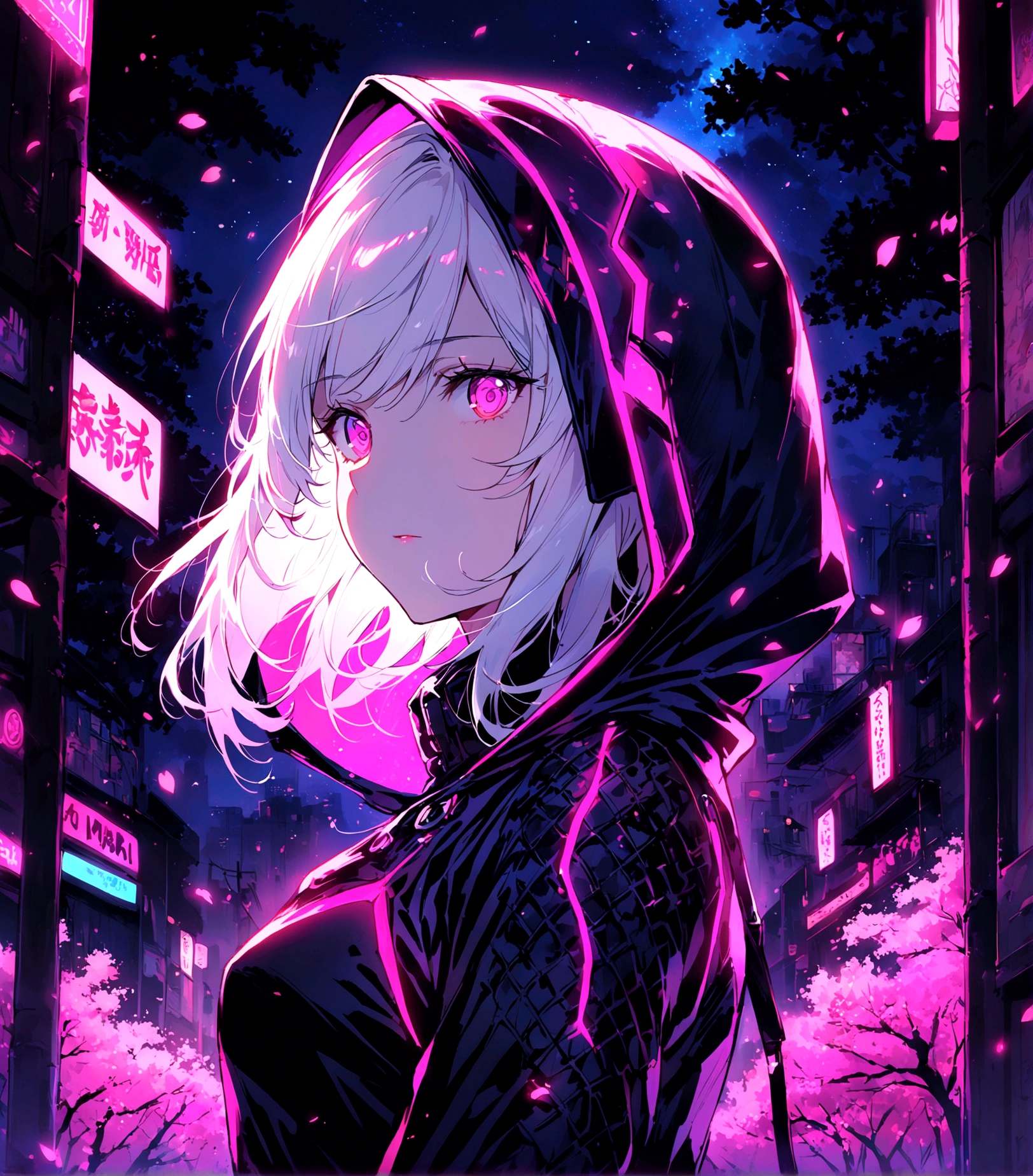Neon, girl wearing a dark black ninja suit with hood, leather suit, suit that emanates bright pink light, bright pink eyes, very detailed eyes, white hair, perfect anatomy, Japanese cherry trees in the background, the Trees have luminous leaves and fall in the breeze, portrait, bright, neon lights protrude from the suit, night, nocturnal. high image quality, 8k, HD, intricate, very detailed image, very sharp, luminous neon