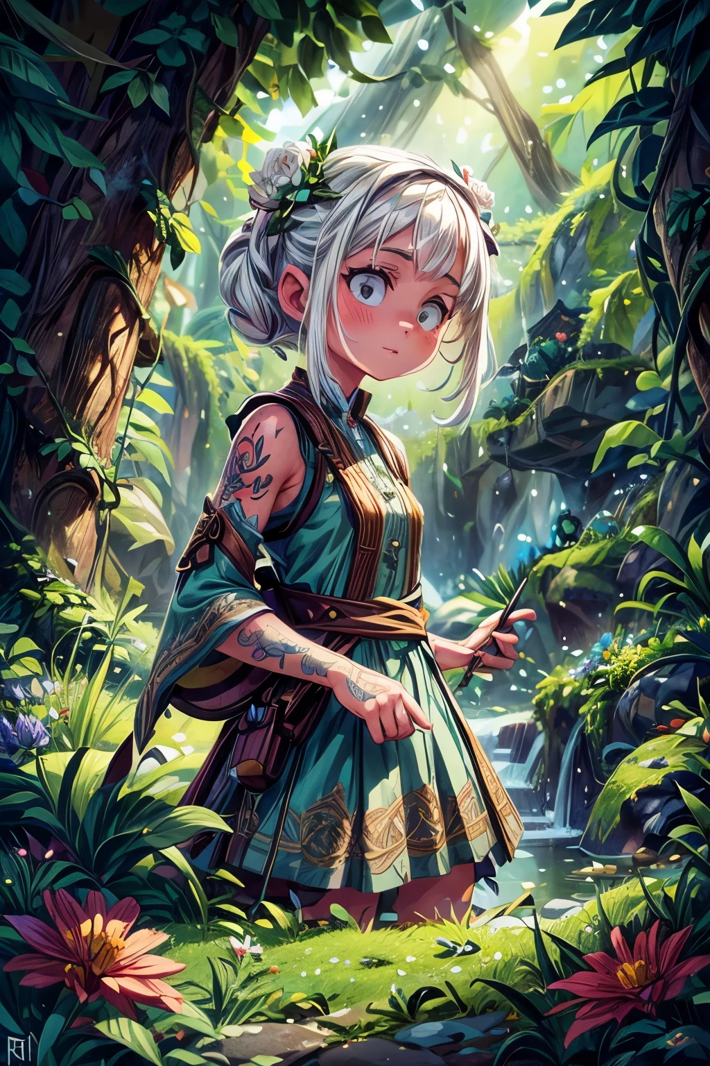 1girl, solo, white_hair, tattoos, grotto, verdant, flowers, beautiful, idyllic, sublime, absurdres, hyper-realism, textured, maximum_detail, dslr