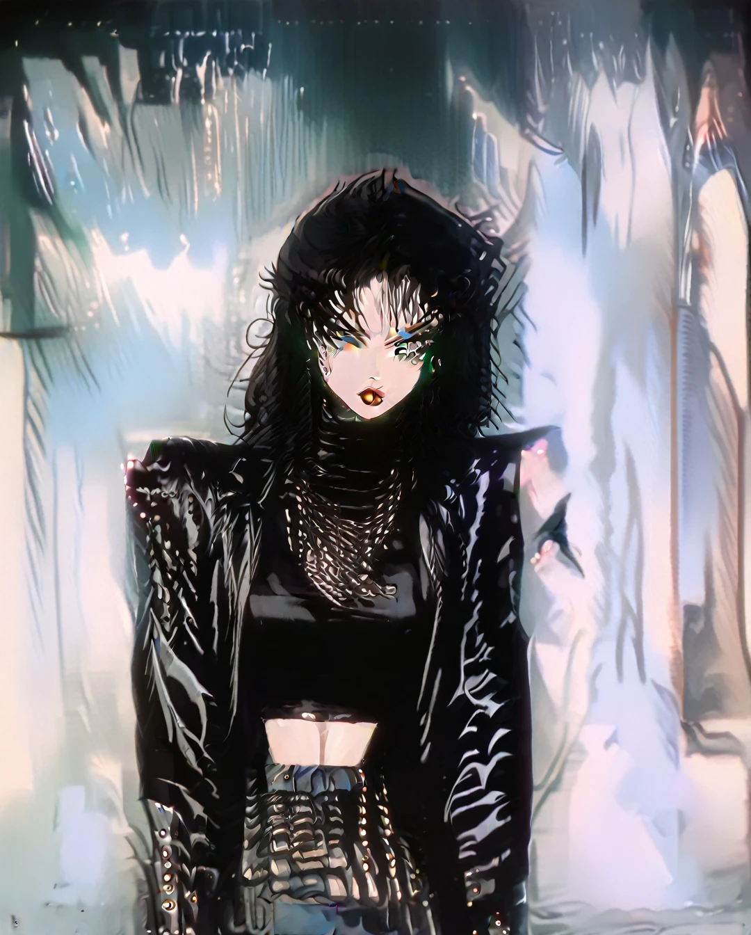 vintage, 1990s \\(style\\), one Female Tattoo artist named Eva, with pale skin color, Messy haircut, Jet black hair, Piercing green eyes, a Black leather jacket, and ripped black skinny jeans