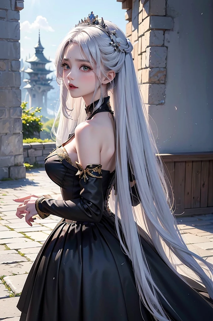 ((masterpiece:1.5,Highest quality,Highly detailed images,Beautiful images、Realistic、Photorealistic、2.5D))(1girl, 独奏)(Adult women、large breasts, white hair, beautiful eyes, Healthy legs、Tight ass、A little bit of her butt is visible through the slit、Beautiful cleavage)(Fantasy dresses、Fantasy Clothes、Black battle dress、black dress:1.5, Deep slit)(smile, wind, floating hair)(bright、Soft lighting、Inside the castle、The King's Chamber）from behind
