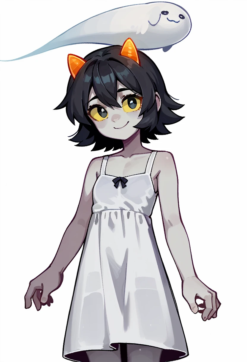 score_9, score_8_up, score_7_up, score_6_up, score_5_up, score_4_up, source_anime, lain, solo, 1girl, young adult, light gray skin, black hair, black eyes, yellow sclera, sad smile, looking at viewer, long bangs, hair between eyes, two tiny orange horns, pitch black pupils, long sidelocks, thin eyebrows, colorful, soft artstyle, flat chest, tired droopy soft eyes, gray skin, white simple nightgown, simple background, solid colour white background, floating in air, levitating, hand held out toward viewer, rating_safe, ghostly, fading, uneven hair, white void background,