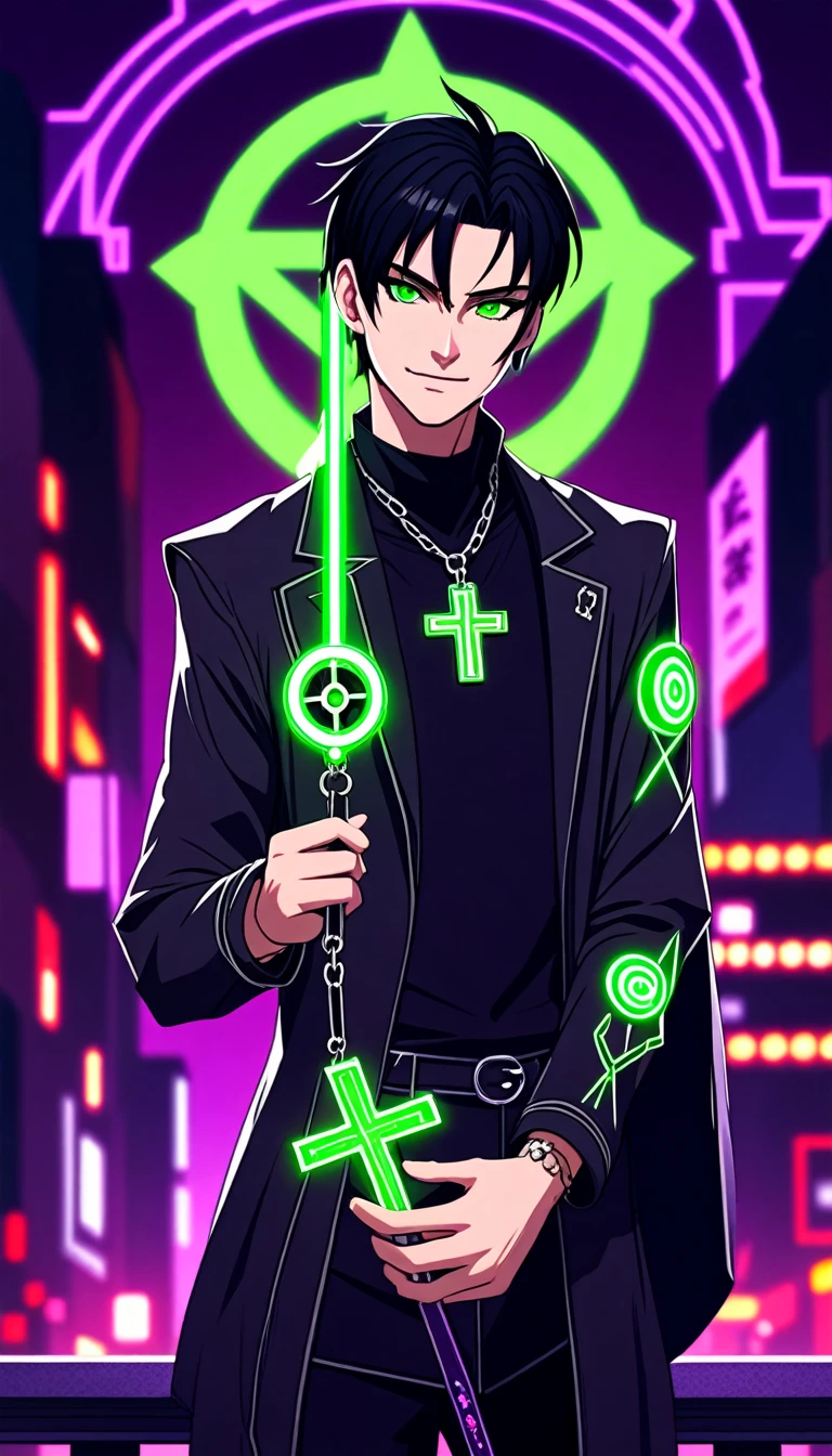 A guy with black hair and glowing green eyes wearing an evil smile, he is smiling like the devil while holding his cross necklace in front of him against a purple background. The art is in an anime style with a cyberpunk and dark fantasy aesthetic.