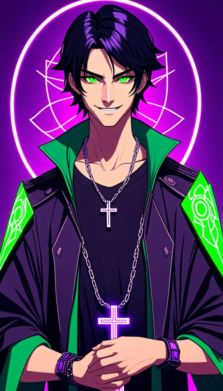 A guy with black hair and glowing green eyes wearing an evil smile, he is smiling like the devil while holding his cross necklace in front of him against a purple background. The art is in an anime style with a cyberpunk and dark fantasy aesthetic.