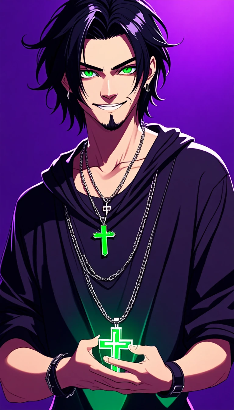 A guy with black hair and glowing green eyes wearing an evil smile, he is smiling like the devil while holding his cross necklace in front of him against a purple background. The art is in an anime style with a cyberpunk and dark fantasy aesthetic.