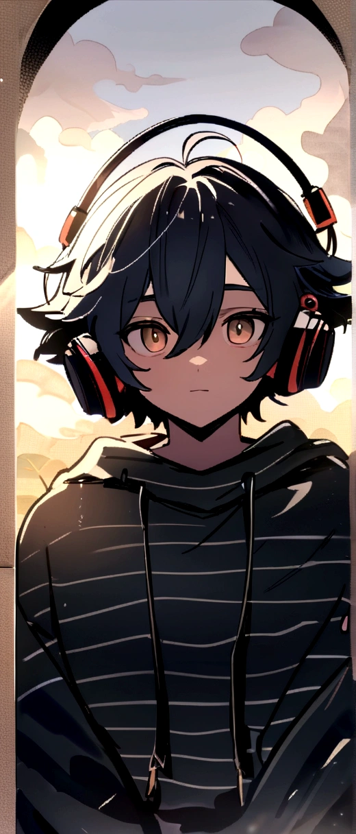 (best qualityer, 8K, 32k, work of art, ultra HD:1.2) light-skinned boy with headphones and sweatshirt listening to music, young anime man, inspired by Okumura Masanobu, inspired by Okumura Togyu, as anime character, ear piercings, black camouflage sweatshirt, striped shirt