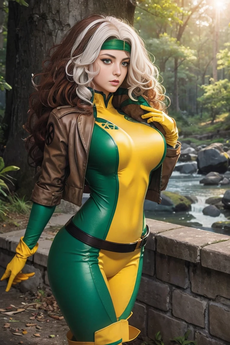 (masterpiece:1.0), (best_quality:1.2), (dark shot:1.3), Rogue from X-Men, 1 girl, Only 1, cowboy shot, looking to the side, candid, medium length hair, auburn hair, wavy hair, messy hair, one lock of white hair, green eyes, headband, jacket, gloves, belt, boots, sultry look, sexy smirk, fit figure, medium breasts, lipstick, makeup, light source from above, (realism: 1.5), (Realistic: 1.4), (Absurdity:1.4), 8k, ultra-detailed, Detailed Beautiful Woman, very physically fit girl, standing in a mansion conservatory, bright sunlight, arched windows, colorful plants, official art, extremely detailed CG unity 8k wallpaper, perfect lighting, Colorful, ultra high res, photography, 8K, HDR, Kodak portra 400, film grain, blurry background, (bokeh:1.2), (vibrant_color:1.2), film grain:1.2, (warm hue, warm tone:1.2), (color photo), professional photograph