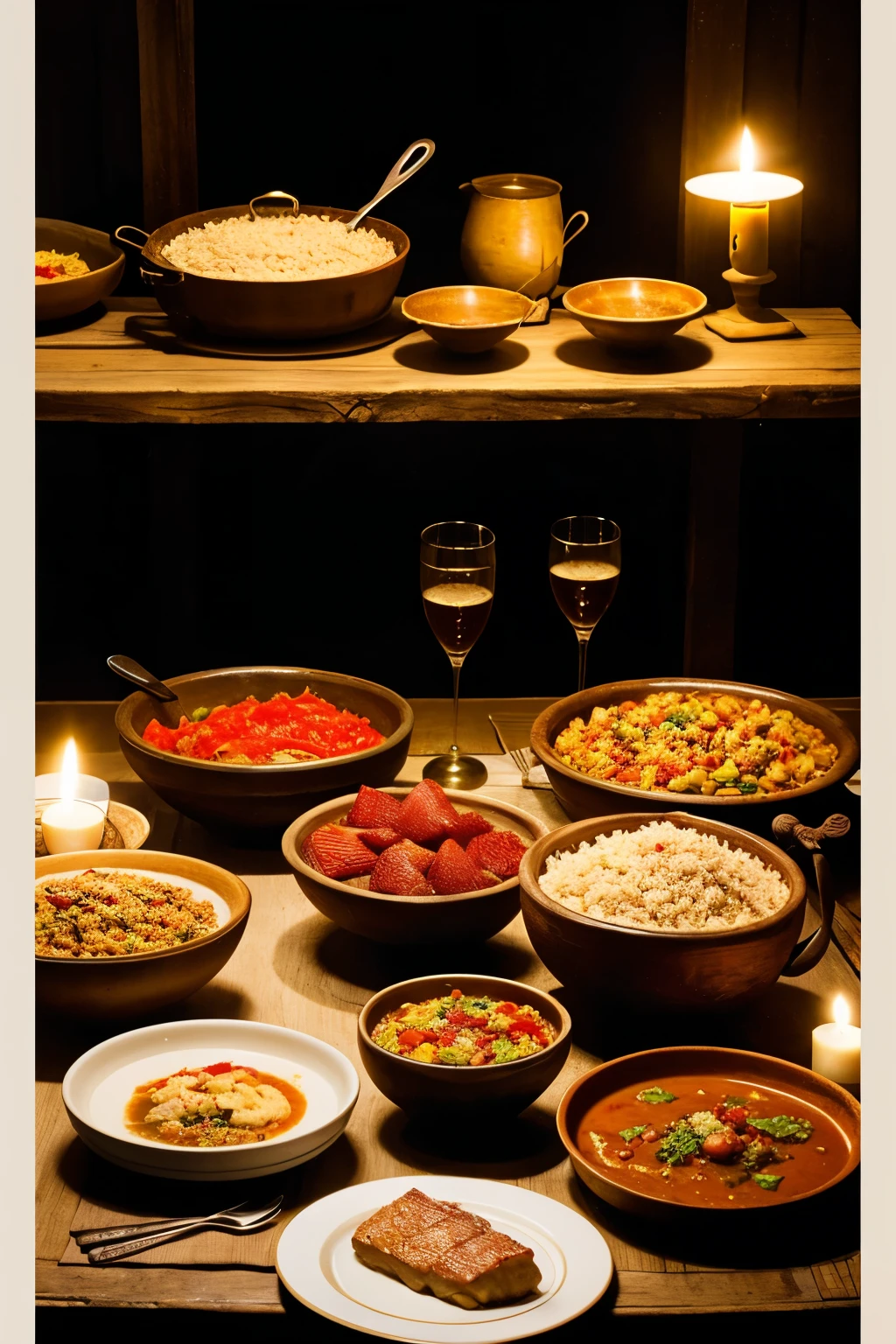 “The Art of War” 1.-Choice of gastronomic scene:
Select a scene from the book that focuses on the strategy related to food and gastronomy. For example, planning a banquet to influence allies or adversaries.
2.-Gastronomic elements:
Include visual elements that represent the food and drink of the historical period of the book. This may include typical dishes, old utensils such as wooden spoons or ceramic jugs, and foods like rice, meat, Fish, etc.
3.-Atmosphere and decoration:
Create an environment that reflects the time and culture described in the book. For example, a banquet table decorated with fine fabrics, torches or oil lamps, and ornaments that reflect the wealth and taste for the aesthetics of the time.
4.-Key characters:
Include key characters who are involved in the gastronomic strategy described in the book. They can be military leaders, strategists or even cooks and servants who play an important role in the execution of the food strategy.
5.-Strategic details:
Add details that indicate the strategic importance of the gastronomic scene, as gestures of non-verbal communication between characters, hidden symbols in food that convey secret messages, or elements that suggest persuasion or negotiation tactics through food.