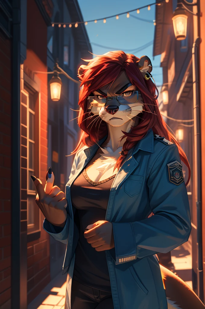 otter, female, white fur, ((Female Otter long hair)), ((red hair)), very angry face, blue aviator glasses, ear piercing, small breast, detail elements on fur, Shows the middle finger, beautiful lights and shadows, ambient light, super fine fur, volumetric light,
