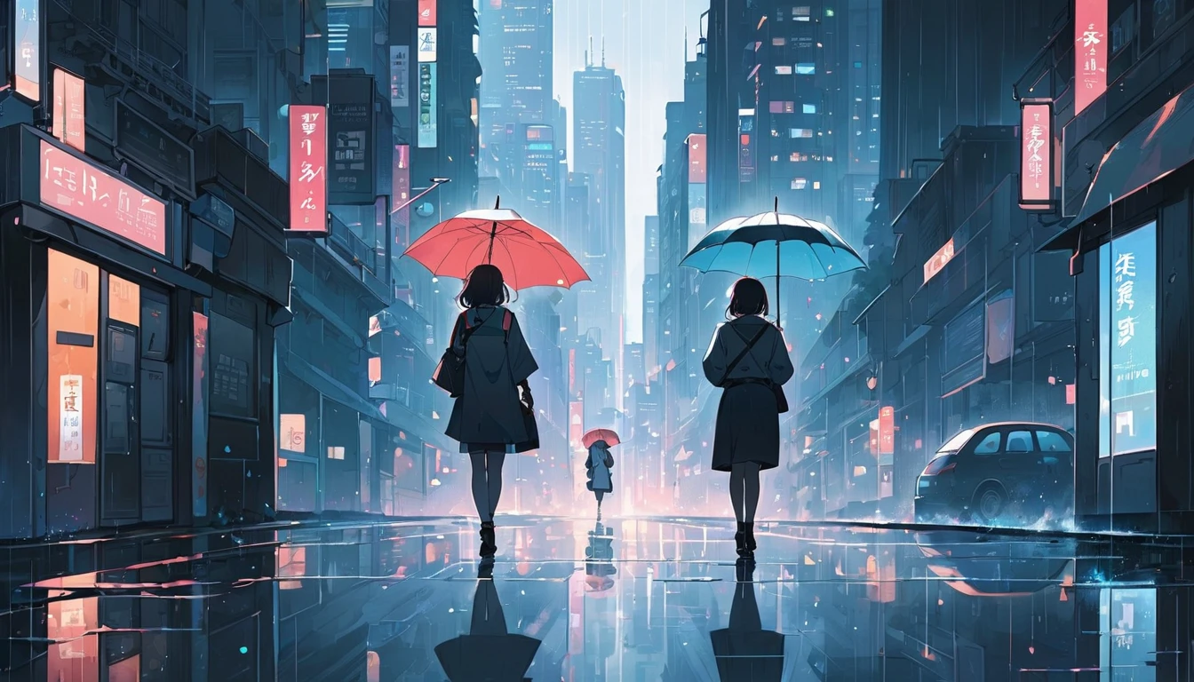 A cityscape of a girl walking in the rain with a cute umbrella, with a girl walking lightly against a background of reflective puddles and a quiet cityscape, Japanese anime style