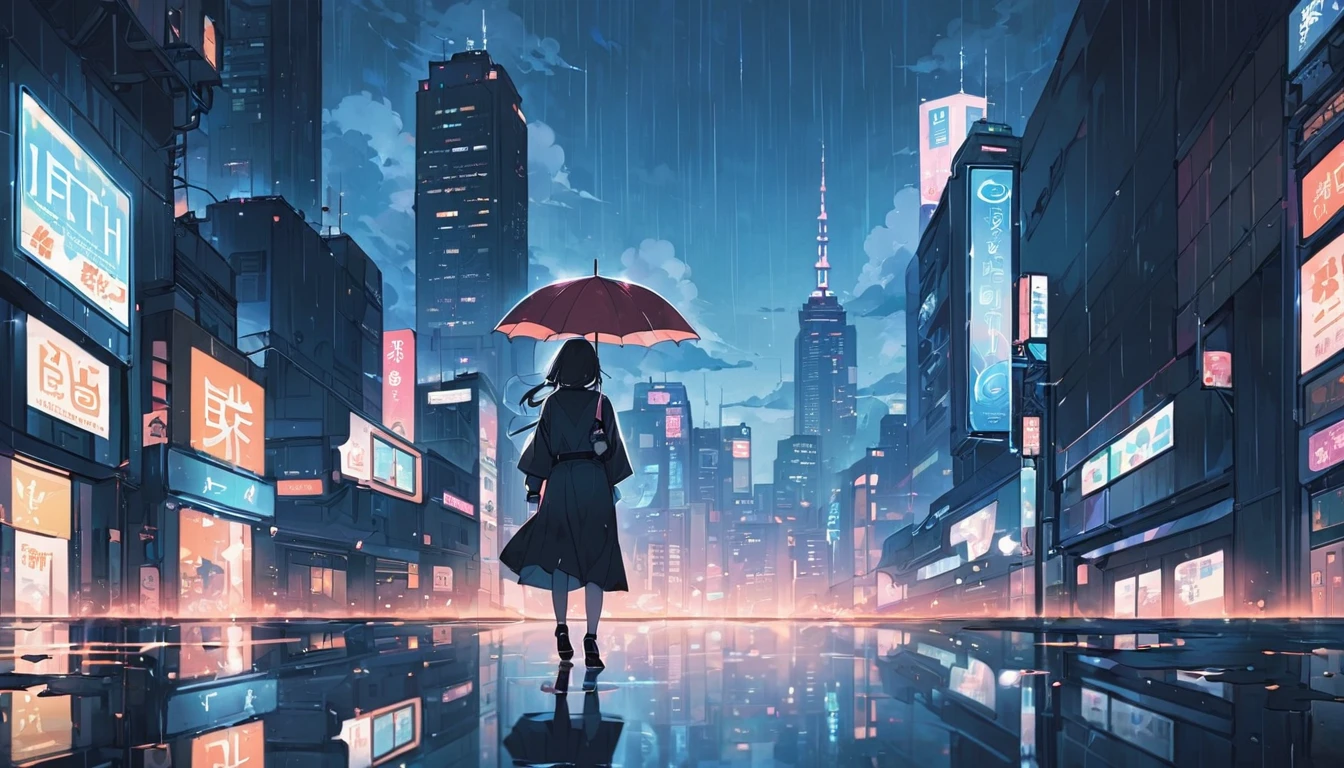 A cityscape of a girl walking in the rain with a cute umbrella, with a girl walking lightly against a background of reflective puddles and a quiet cityscape, Japanese anime style