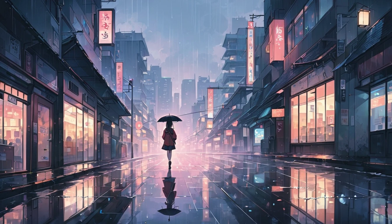 A cityscape of a girl walking in the rain with a cute umbrella, with a girl walking lightly against a background of reflective puddles and a quiet cityscape, Japanese anime style