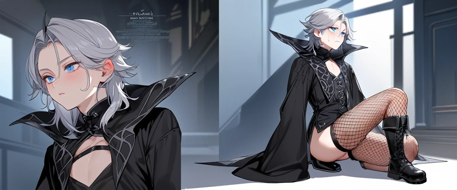 male, A de longs cheveux blancs, a des oreilles de loup, a une queue de loup, has blue eyes, thigh high fishnets, black combat boots, porter une robe gothique, flat chest, super flat chest, aloneement femboy, un alone garçon ((flat chest)) (alone)(aloneement) alone, aloneement, Hanches larges, thick thighs, male, is male