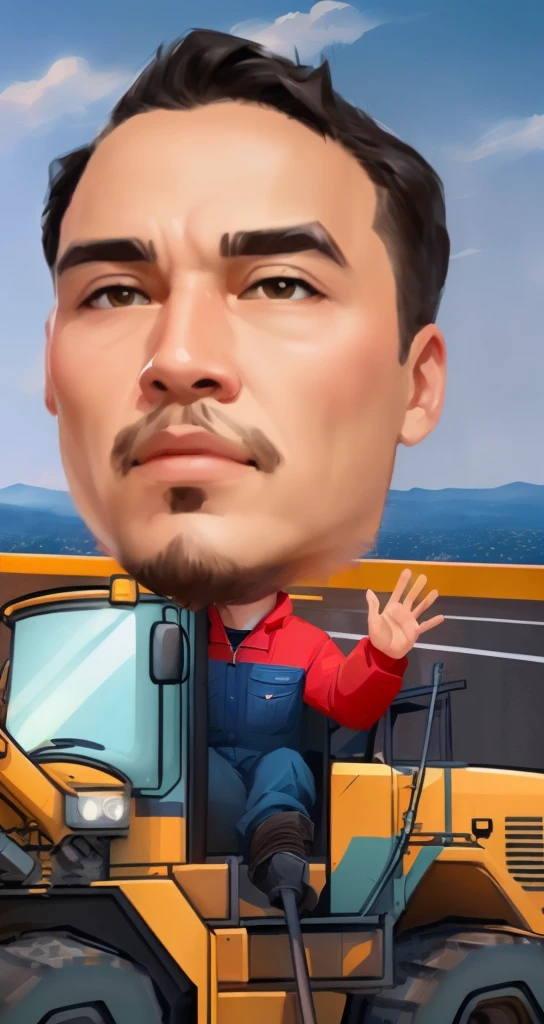 cartoon of a man driving a bulldozer with a crane in the background, stylized digital illustration, gta chinatowon art style, avatar image, caricature illustration, mining, in cartoon style, caricature style, cartoon digital painting, big head, big shovel, cartoon artstyle, construction, cartoon digital art, proffesional illustration, nft portrait, cartoon portrait
