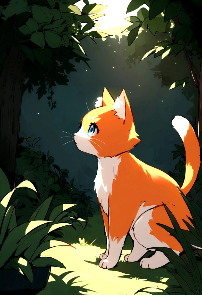 Create an animation of Sarah discovering Ginger, a cat with distinctive orange fur, exploring the garden. Emphasize their first encounter and the establishment of their bond.