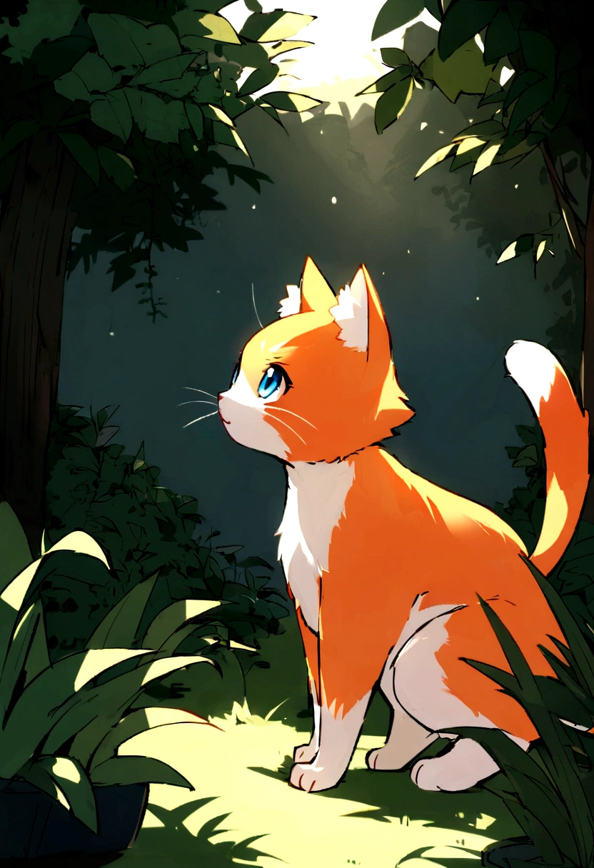 Create an animation of Sarah discovering Ginger, a cat with distinctive orange fur, exploring the garden. Emphasize their first encounter and the establishment of their bond.