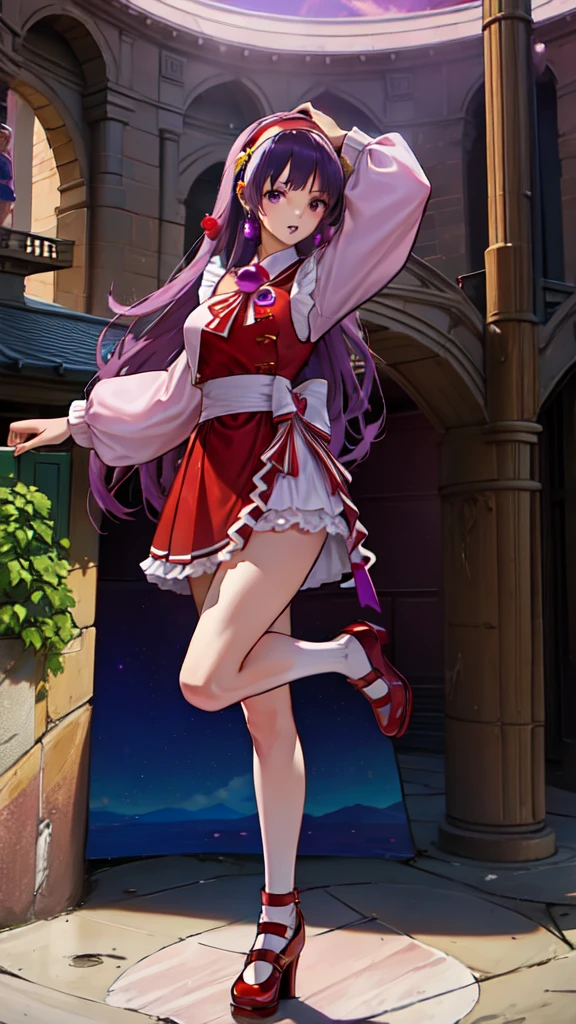 (masterpiece, best quality:1.2), intricate details, athena asamiya, 1girl, ,Vestido en V profundo,, , hairband, long hair, , purple hair, purple eyes, star hair ornament, full body, frontal shot, mirando al espectador, de pie, al aire libre,red shoes,muslos,