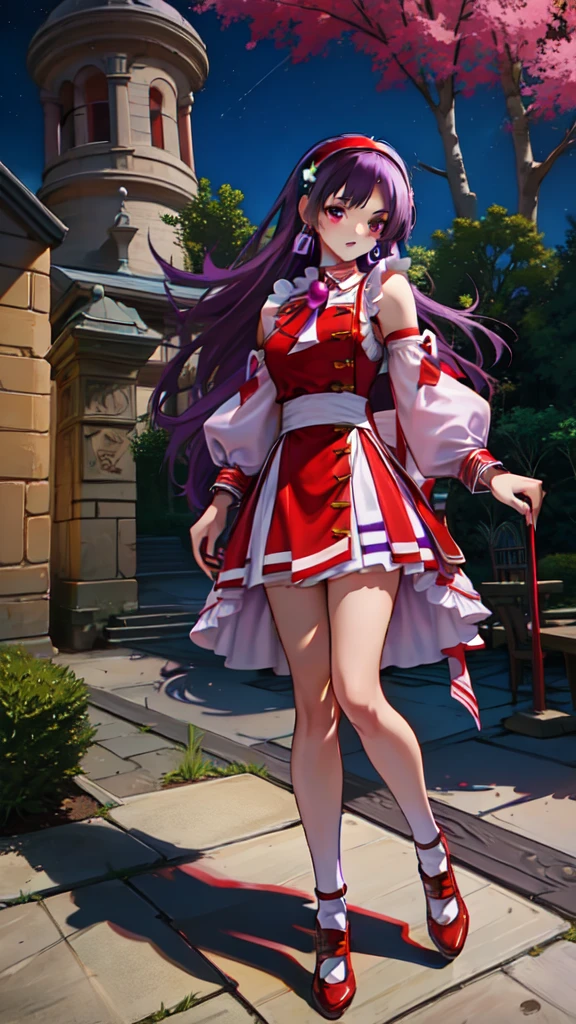 (masterpiece, best quality:1.2), intricate details, athena asamiya, 1girl, ,Vestido en V profundo,, , hairband, long hair, , purple hair, purple eyes, star hair ornament, full body, frontal shot, mirando al espectador, de pie, al aire libre,red shoes,muslos,