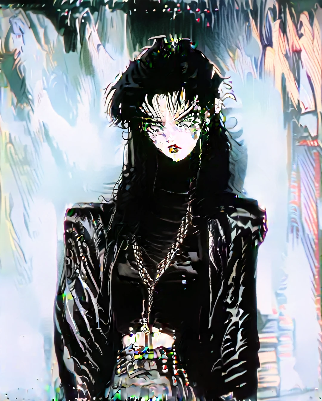 vintage, 1990s \\(style\\), one Female Tattoo artist named Eva, with pale skin color, Messy haircut, Jet black hair, Piercing green eyes, a Black leather jacket, and ripped black skinny jeans