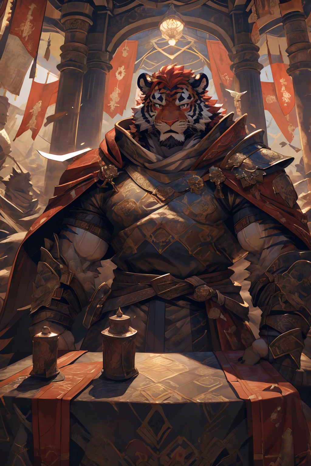 (赤红色tiger),(赤红流火Military commander战袍),(Holding a long sword),Awesome posture,Sitting quietly on the edge of the cliff,(The background is a city with bright lights.:1.2),Abdominal muscles,完美的masterpiece,Various facial details,Close-up view,specific description,masterpiece,cg,(Red eyes),Crimson pattern,Crimson tail,Military commander,Heroic,tiger,Crimson fur,Detailed facial details,),(Half Body),(Long feather),((middle aged)),(Face Focus:1.3),(16K),HD,Red and white abdomen,temple,beard,(Face lines),Heterochromia,(Red battle robe),(Crimson hair),Strong,muscle,(high resolution:1.3),