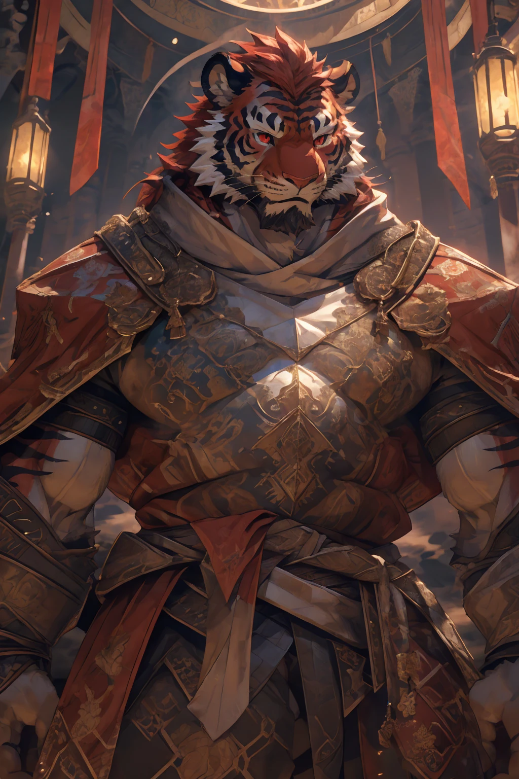 (赤红色tiger),(赤红流火Military commander战袍),(Holding a long sword),Awesome posture,Sitting quietly on the edge of the cliff,(The background is a city with bright lights.:1.2),Abdominal muscles,完美的masterpiece,Various facial details,Close-up view,specific description,masterpiece,cg,(Red eyes),Crimson pattern,Crimson tail,Military commander,Heroic,tiger,Crimson fur,Detailed facial details,),(Half Body),(Long feather),((middle aged)),(Face Focus:1.3),(16K),HD,Red and white abdomen,temple,beard,(Face lines),Heterochromia,(Red battle robe),(Crimson hair),Strong,muscle,(high resolution:1.3),