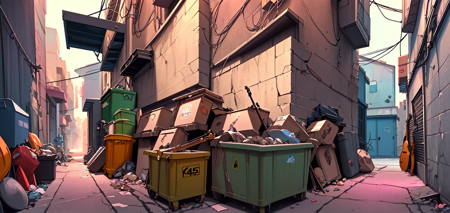 a waste collection truck in a back alley, garbage collectors playing rock instruments, guitarist, bassist, keyboardist, drummer, singing rock in the alley, detailed scene, hyper-realistic, vibrant colors, dramatic lighting, cinematic, 4k, masterpiece