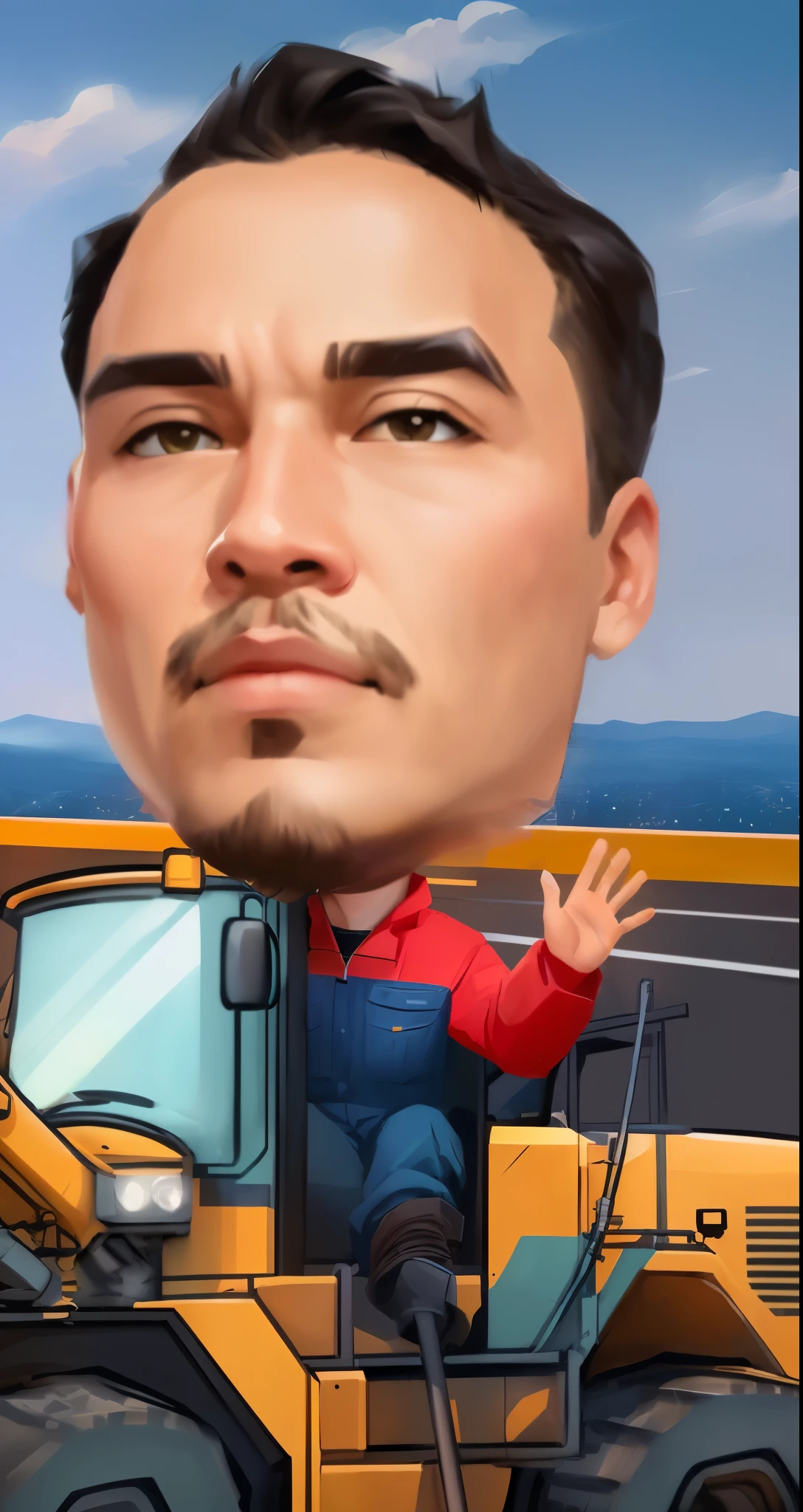 cartoon of a man driving a bulldozer with a crane in the background, stylized digital illustration, gta chinatowon art style, avatar image, caricature illustration, mining, in cartoon style, caricature style, cartoon digital painting, big head, big shovel, cartoon artstyle, construction, cartoon digital art, proffesional illustration, nft portrait, cartoon portrait