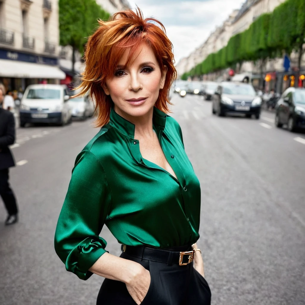 stylish French singer Mylene Farmer, 30 years, with red short hair, with a stylish hairstyle, in fashionable clothes against the background of the street, Stylish photo, Fashion photo, Mario Testino style