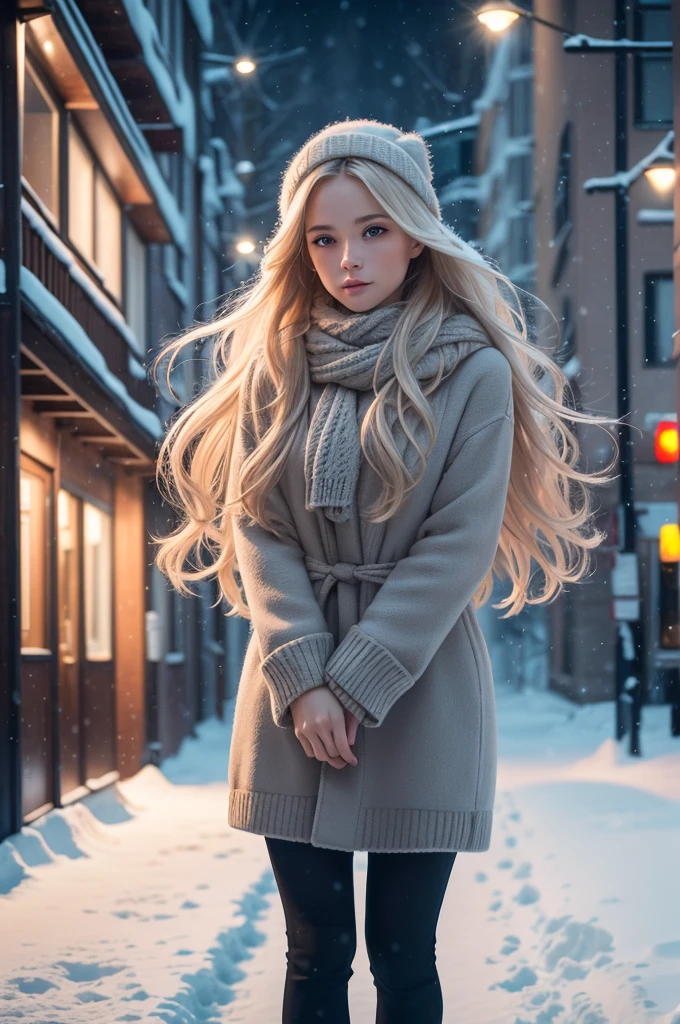 professional photography of a beautiful norwegian girl in winter clothes with long wavy blonde hair, sensual and seductive look, beautiful symmetrical face, beautiful natural makeup, wearing chic warm winter fashion clothing, ((standing outside on the snowy city street)), impressive modern urban environment, ultra realistic, conceptual artwork, chic, highy detailed, intricate, sharp focus, Depth of field, f/1. 8, 85 mm, medium shot, mid shot, (((professional color grading))), soft and bright diffused light, (Volumetric fog), Trends on Instagram, HD 4k, 8K porn