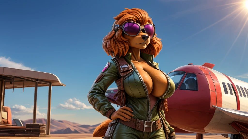 Skye from Paw Patrol, female cockapoo, anthro, short orange hair, fringe over eyes, magenta eyes, mature adult, big breasts, aviator outfit, standing, detailed, solo, beautiful, high quality, 4K