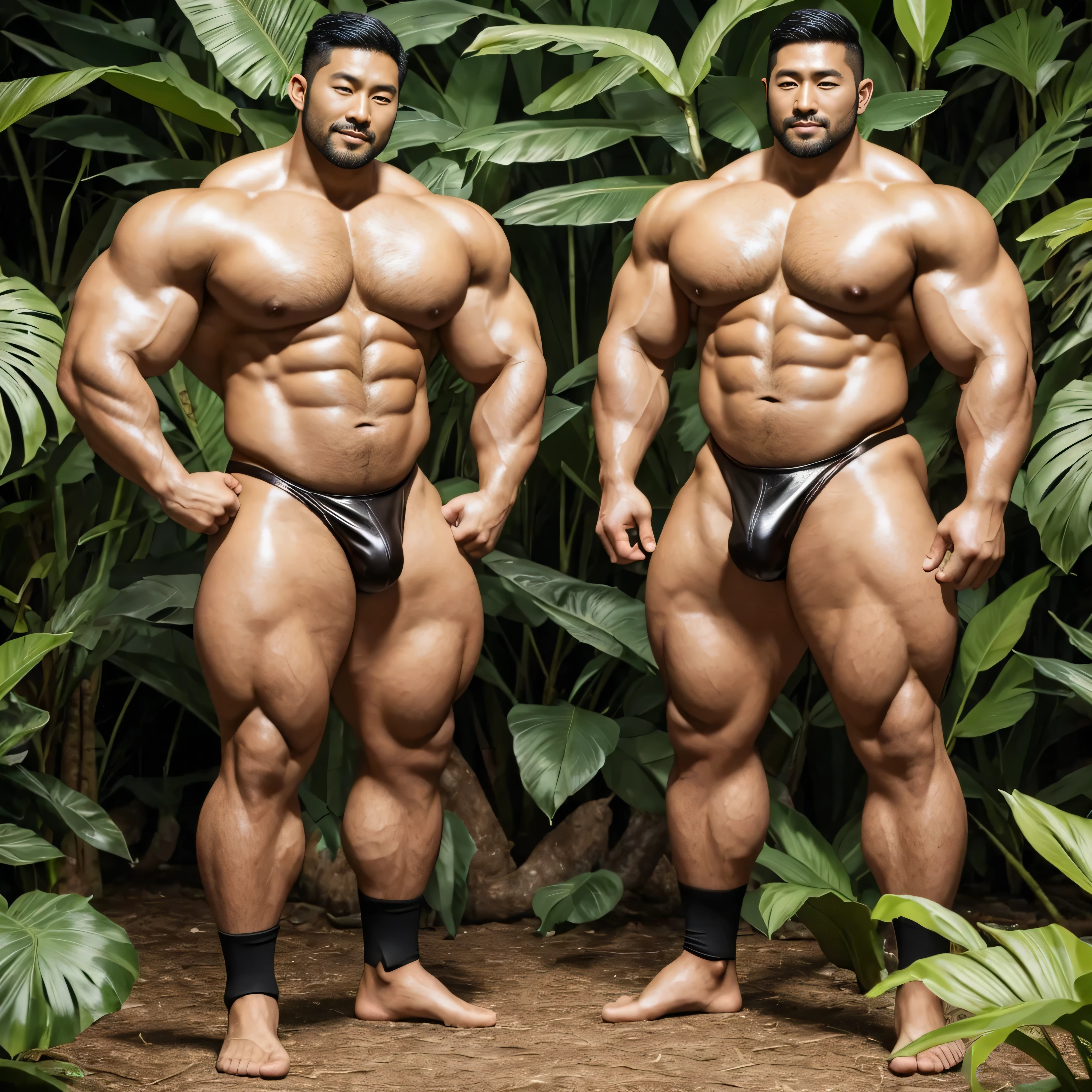 There is only one handsome Asian actor in the photo,35 years old,High target, Fitness,short hair, O-Shaped Beard,Perfect body, Dark skin color,Radiant Skin,Smooth skin,Muscle bulge, muscular, Very large pectoral muscles,Very sexy abdominal muscles,Very well-developed leg muscles,Huge concave and convex area,Brightens oily skin,Wearing a gold leather shiny thong,Handsome face, Correct and accurate male body proportions, Wear black socks,Stand in the rainforest,Lots of tropical flowers around。