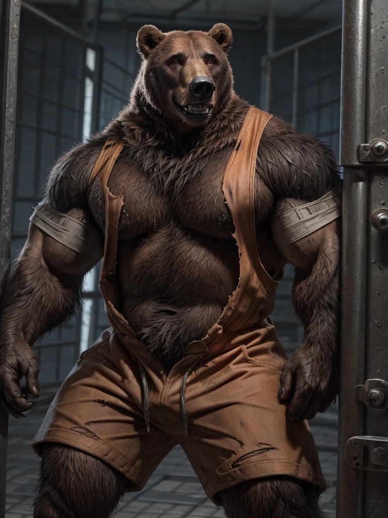 Prison setting, prison cell, bear, equine, orange clothing, prison jumpsuit, flex, muscular, barazoku, evil grin, torn clothing,
BREAK,
(detailed background:1.2),high detail, film photography, RAW candid cinema, realistic, analog style, best quality, ultra realistic, 8k, (by taran fiddler),