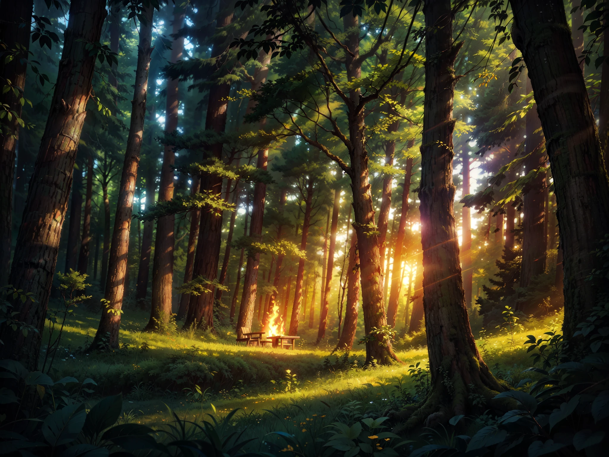 ultra-detailed, (best quality:1.2), (ultra highres:1.1), high resolution, enigmatic, sunny day, ray of lights, 16k, unreal engine, UHD, photorealistic, twilight in the deciduous forest, blurred trees in the background, a forest clearing, a lonely spreading old tree, a bonfire is burning under it