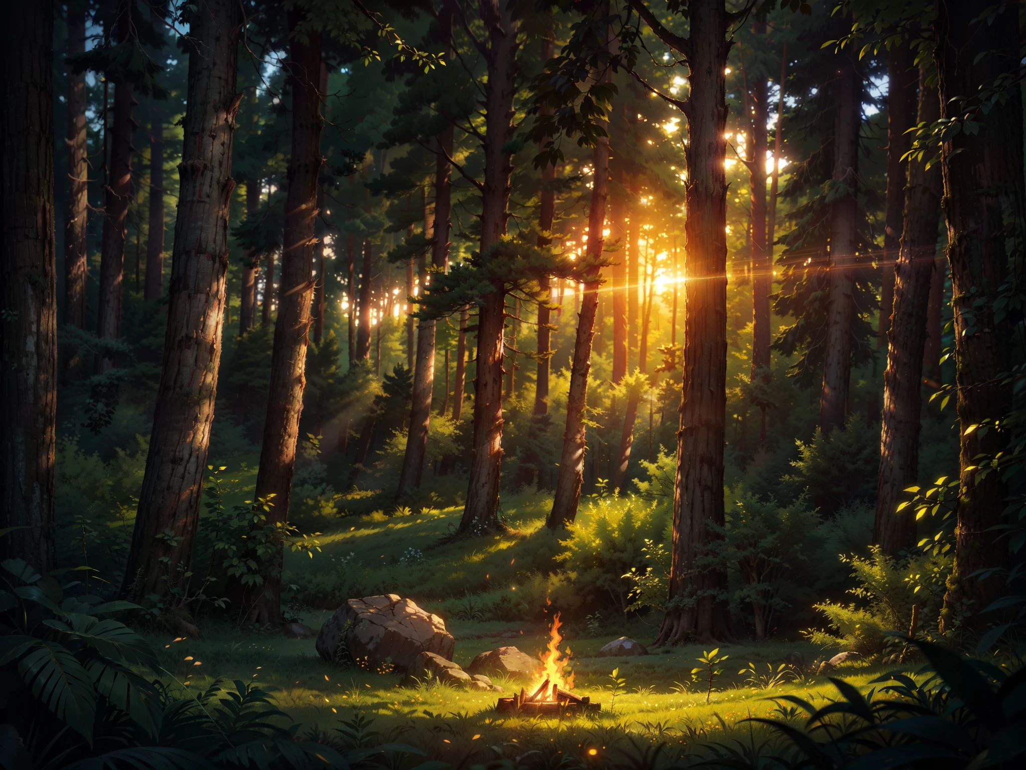 ultra-detailed, (best quality:1.2), (ultra highres:1.1), high resolution, enigmatic, sunny day, ray of lights, 16k, unreal engine, UHD, photorealistic, twilight in the deciduous forest, blurred trees in the background, a forest clearing, a lonely spreading old tree, a bonfire is burning under it