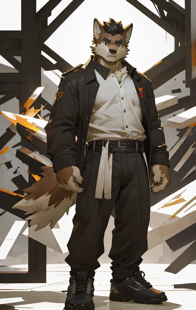 (abstract art:1.5), (masterpiece, best quality, ultra high res:1.5),
by zixiong, by milkytiger1145, by lindong,
anthro, solo, male, canid, wolf, belt, shoes,
full-length portrait, fully clothed, looking at viewer,