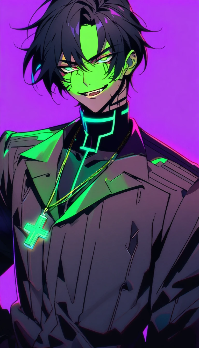 A guy with black hair and glowing green eyes wearing an evil smile, he is smiling like the devil while holding his cross necklace in front of him against a purple background. The art is in an anime style with a cyberpunk and dark fantasy aesthetic.