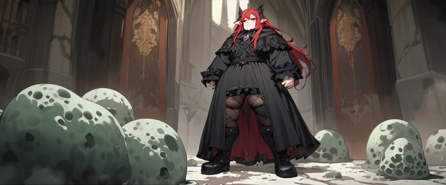 old, Has long red hair, a des oreilles de loup, a une queue de loup, a les yeux red, thigh high fishnets, black combat boots, porter une robe gothique, flat chest, seulement femboy, only one boy, Hanches larges, thick thighs, mold, is mold