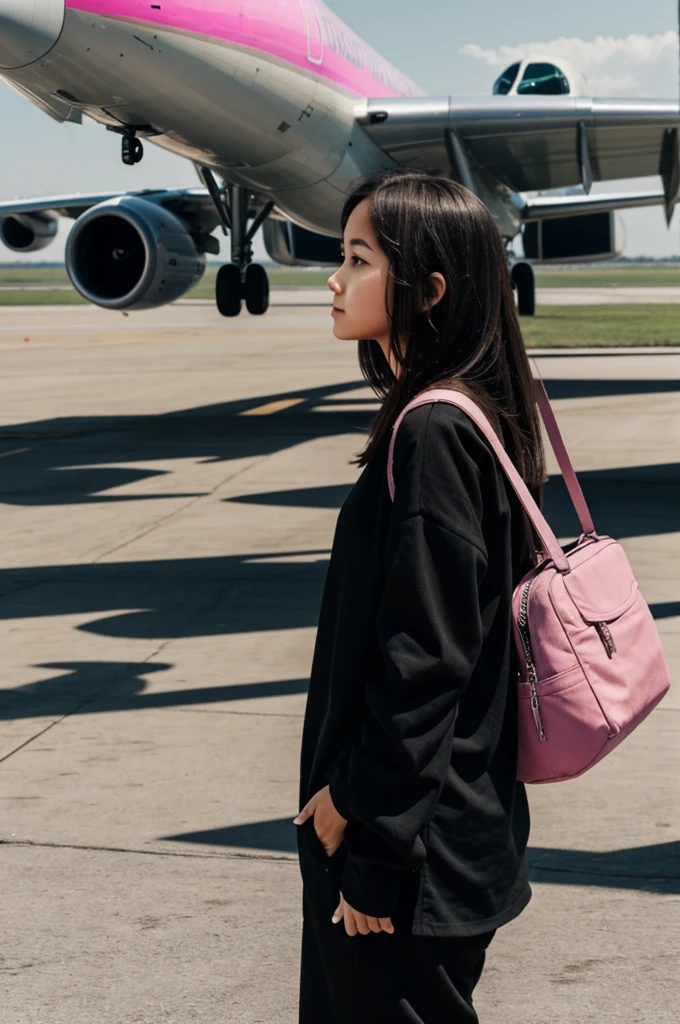 A girl in loose black clothes watching a pink airplane
