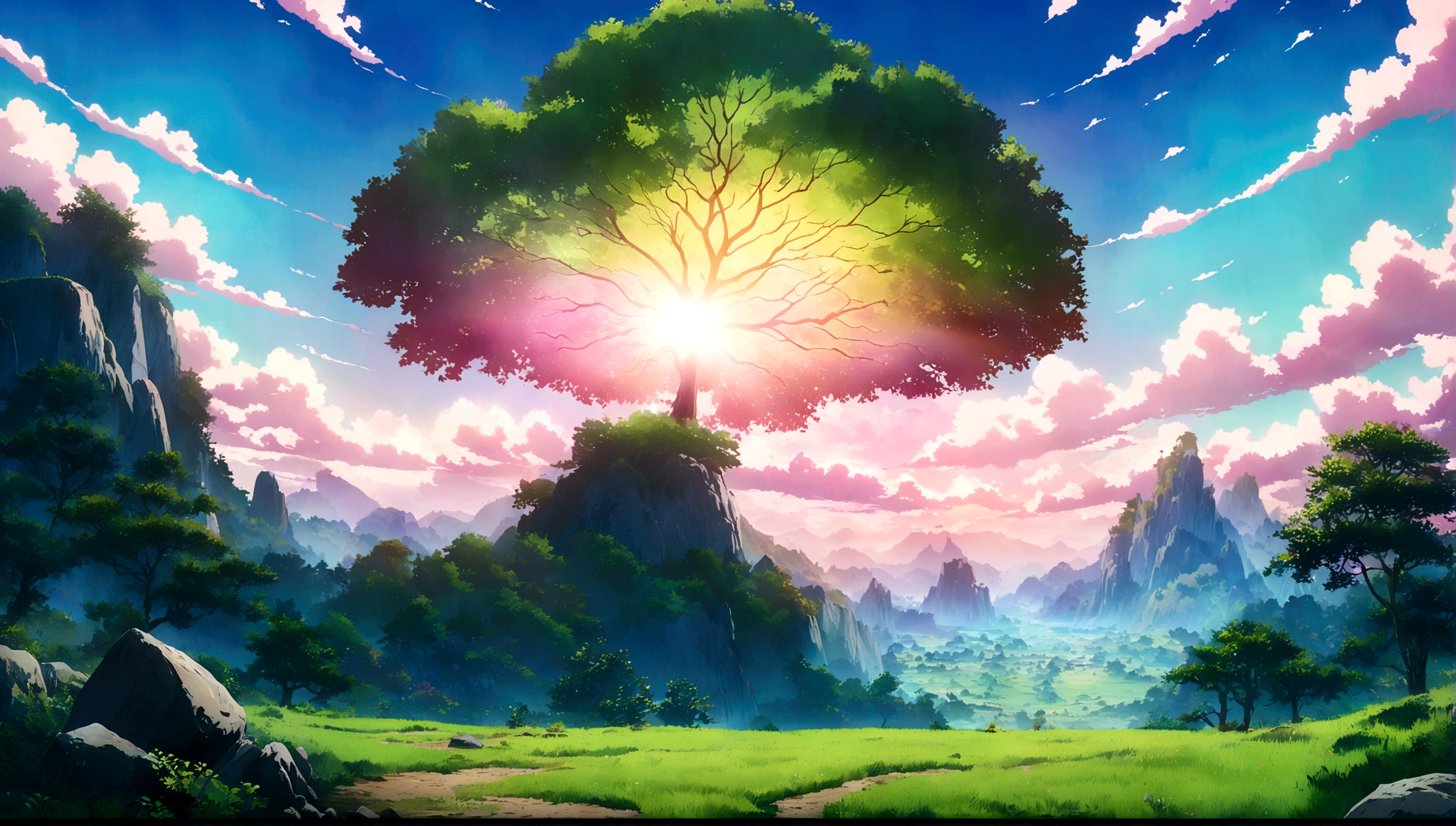 
japanese anime - style painting of a tree in a grassy field with rocks, anime countryside landscape, anime landscape, anime landscape wallpaper, anime background art, beautiful anime scenery, anime background, anime beautiful peace scene, anime scenery, anime movie background, anime nature, anime scenery concept art, colorful anime movie background, beautiful anime scene, anime scene, beautiful landscape background