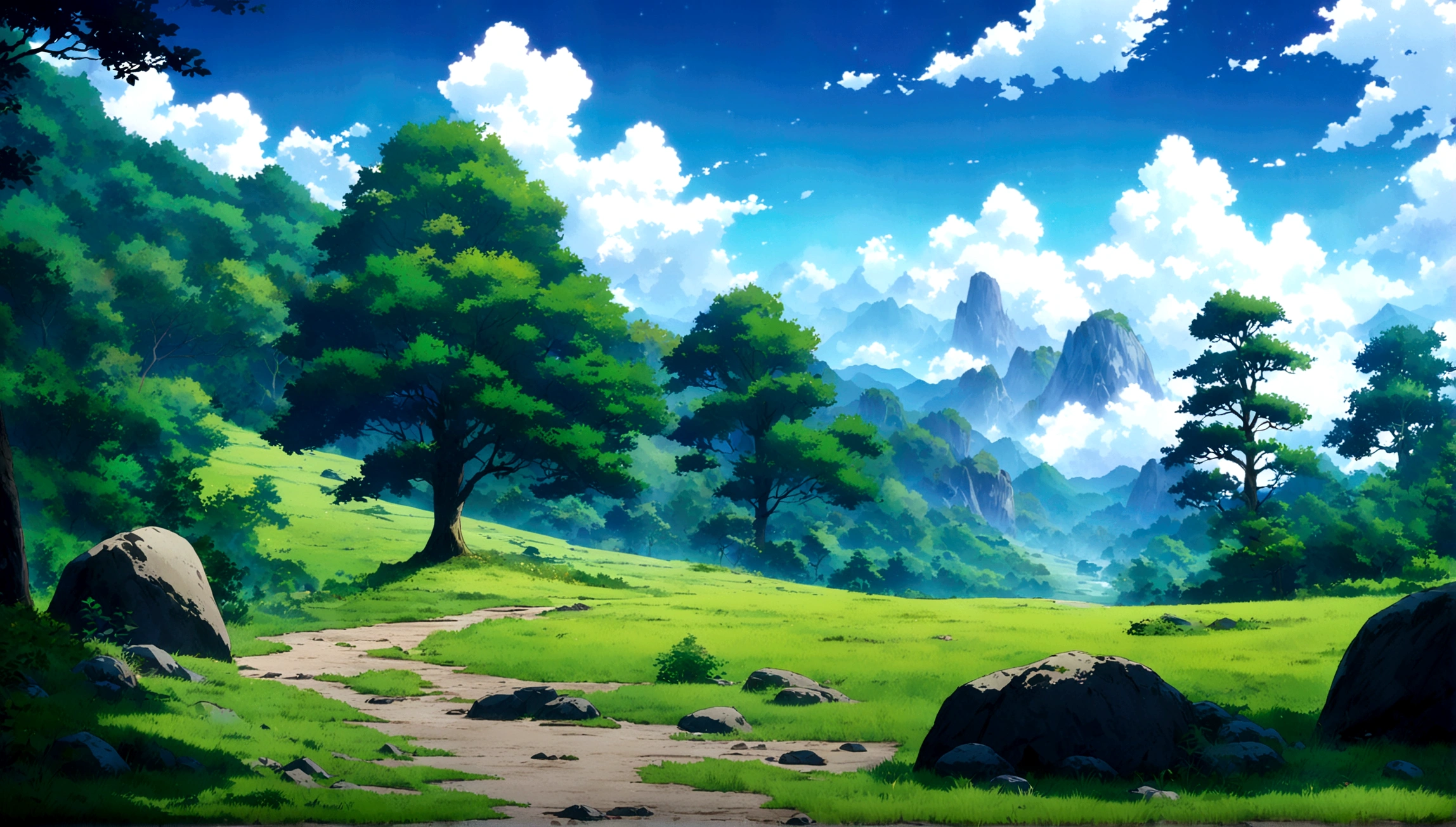 
japanese anime - style painting of a tree in a grassy field with rocks, anime countryside landscape, anime landscape, anime landscape wallpaper, anime background art, beautiful anime scenery, anime background, anime beautiful peace scene, anime scenery, anime movie background, anime nature, anime scenery concept art, colorful anime movie background, beautiful anime scene, anime scene, beautiful landscape background