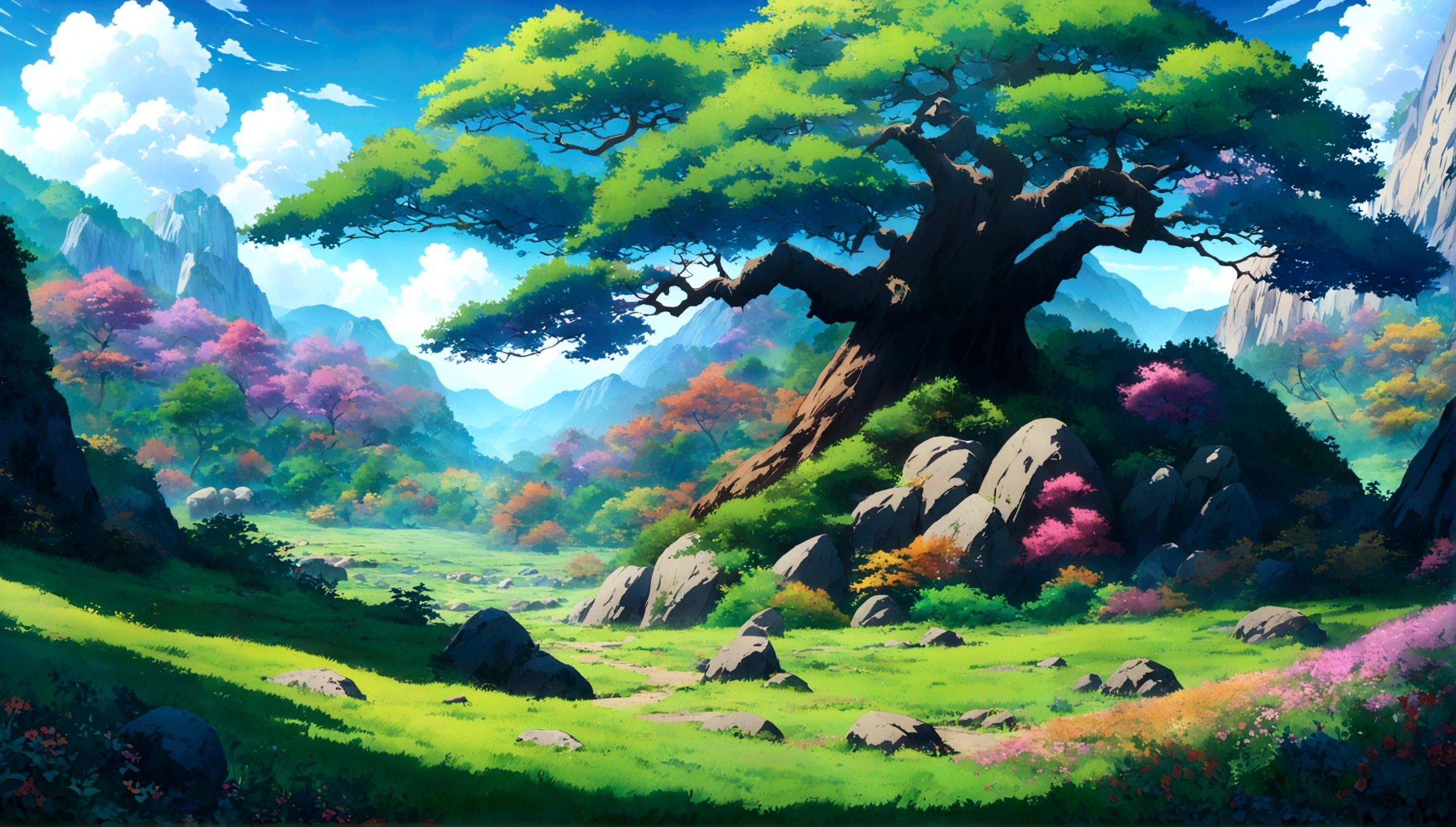 
japanese anime - style painting of a tree in a grassy field with rocks, anime countryside landscape, anime landscape, anime landscape wallpaper, anime background art, beautiful anime scenery, anime background, anime beautiful peace scene, anime scenery, anime movie background, anime nature, anime scenery concept art, colorful anime movie background, beautiful anime scene, anime scene, beautiful landscape background