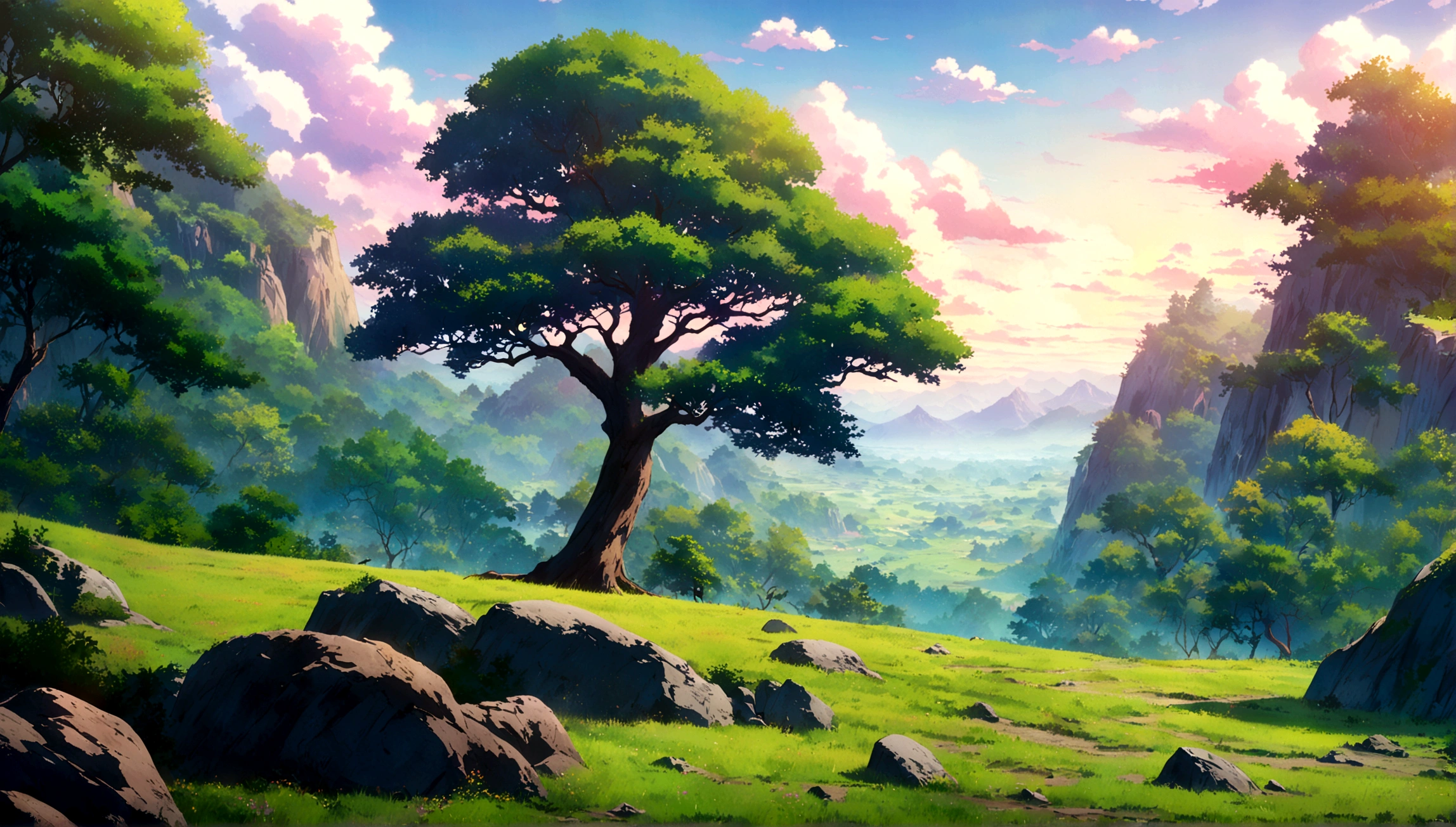 
japanese anime - style painting of a tree in a grassy field with rocks, anime countryside landscape, anime landscape, anime landscape wallpaper, anime background art, beautiful anime scenery, anime background, anime beautiful peace scene, anime scenery, anime movie background, anime nature, anime scenery concept art, colorful anime movie background, beautiful anime scene, anime scene, beautiful landscape background