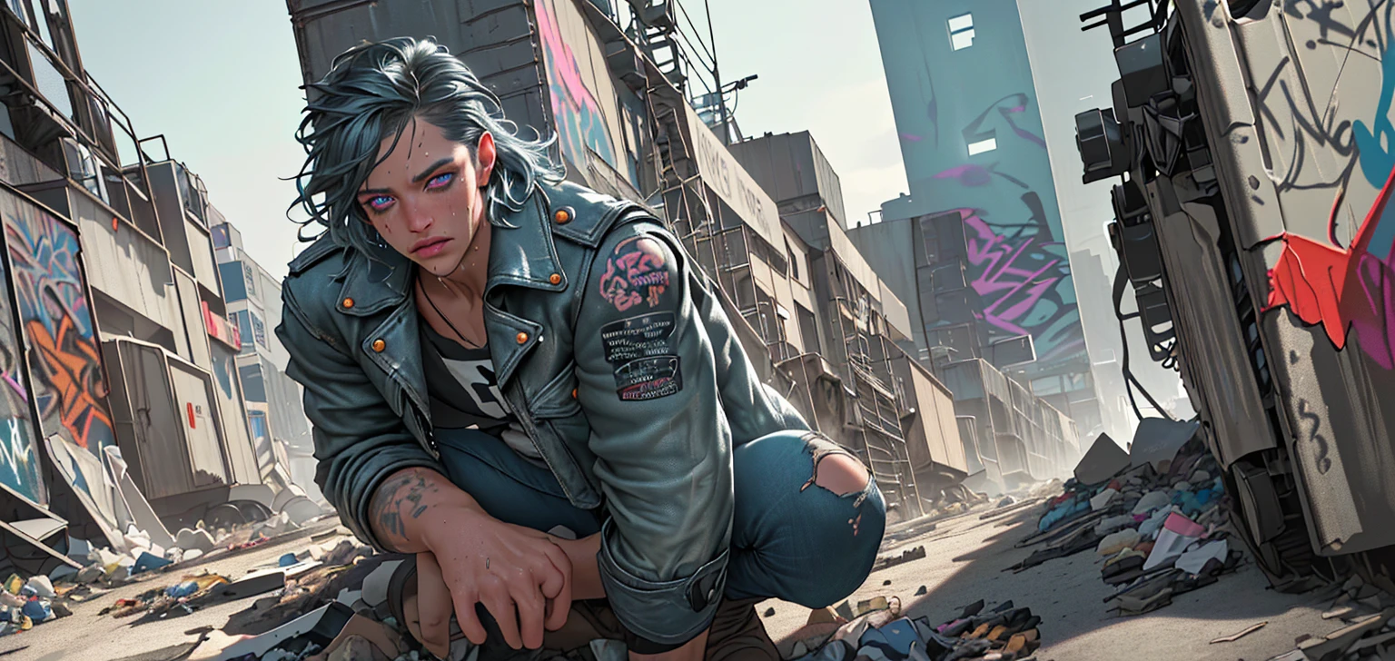 A band of rock trash collectors, garbage truck in the background, highly detailed, photo-realistic, dramatic lighting, vivid colors, 1girl, 1man, beautiful detailed eyes, beautiful detailed lips, extremely detailed eyes and face, long eyelashes, band members wearing torn jeans and leather jackets, dirty faces, sweat, intense expressions, rugged environment, industrial setting, graffiti on walls, cityscape in the distance, volumetric lighting, cinematic composition, (best quality,4k,8k,highres,masterpiece:1.2),ultra-detailed,(realistic,photorealistic,photo-realistic:1.37)