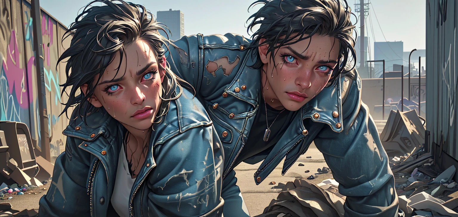 A band of rock trash collectors, garbage truck in the background, highly detailed, photo-realistic, dramatic lighting, vivid colors, 1girl, 1man, beautiful detailed eyes, beautiful detailed lips, extremely detailed eyes and face, long eyelashes, band members wearing torn jeans and leather jackets, dirty faces, sweat, intense expressions, rugged environment, industrial setting, graffiti on walls, cityscape in the distance, volumetric lighting, cinematic composition, (best quality,4k,8k,highres,masterpiece:1.2),ultra-detailed,(realistic,photorealistic,photo-realistic:1.37)