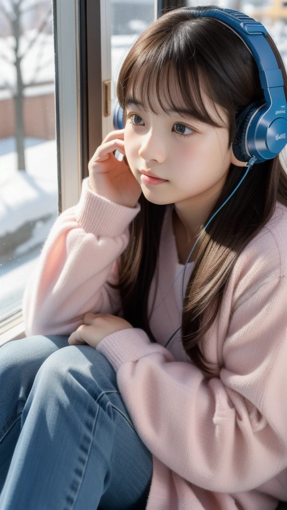 1 girl、Surrounded by in a study from the 1980s、A sad-looking listening to music from a cassette tape on a 1980 Sony Walkman、Composition、snow、Shallow depth of field、Direct Light、800mm lens、Highest quality
