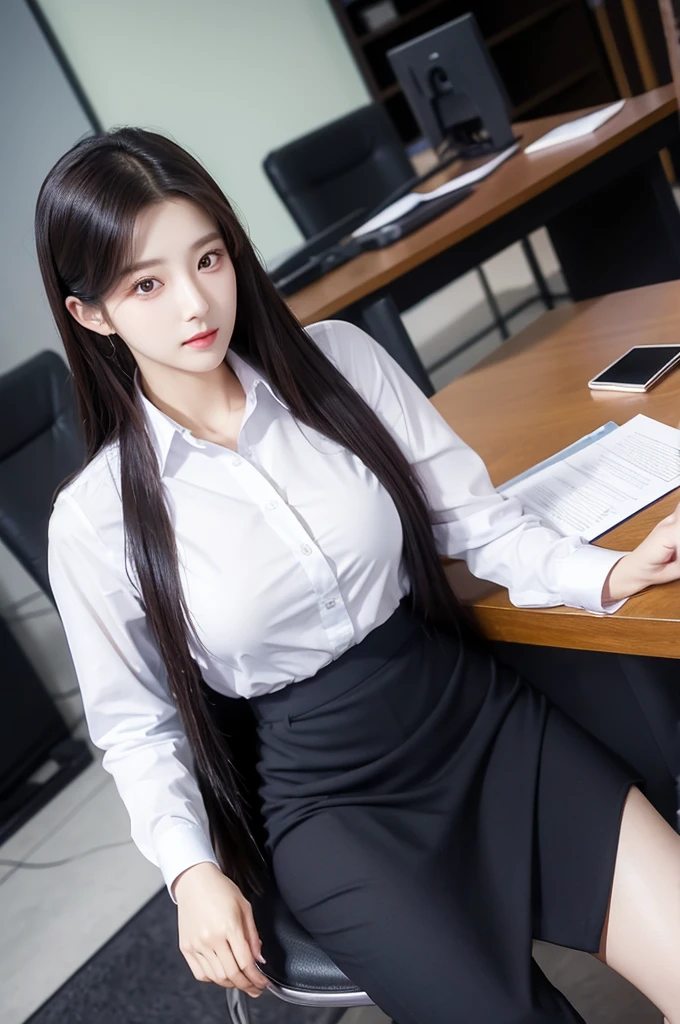 (((actual photography))),, portrait, Korean，(stunning face:1.3),, beautiful girl, Looking at the file,Sit in a large class chair , (Work:1.2), shirt buttons and pants, , (cleavage:0.3),, In the CEO&#39;s Office, (environmental details:1.3),, (original photo, CG Unity, photography, ultra actual details, sharp focus, Delicate skin,4K, High resolution, masterpiece, best quality, actual, energetic:1.2),, (8K,4K, Ultra high quality, High resolution, professional, Movie般的, Movie, Dramatic),, Detailed Background,