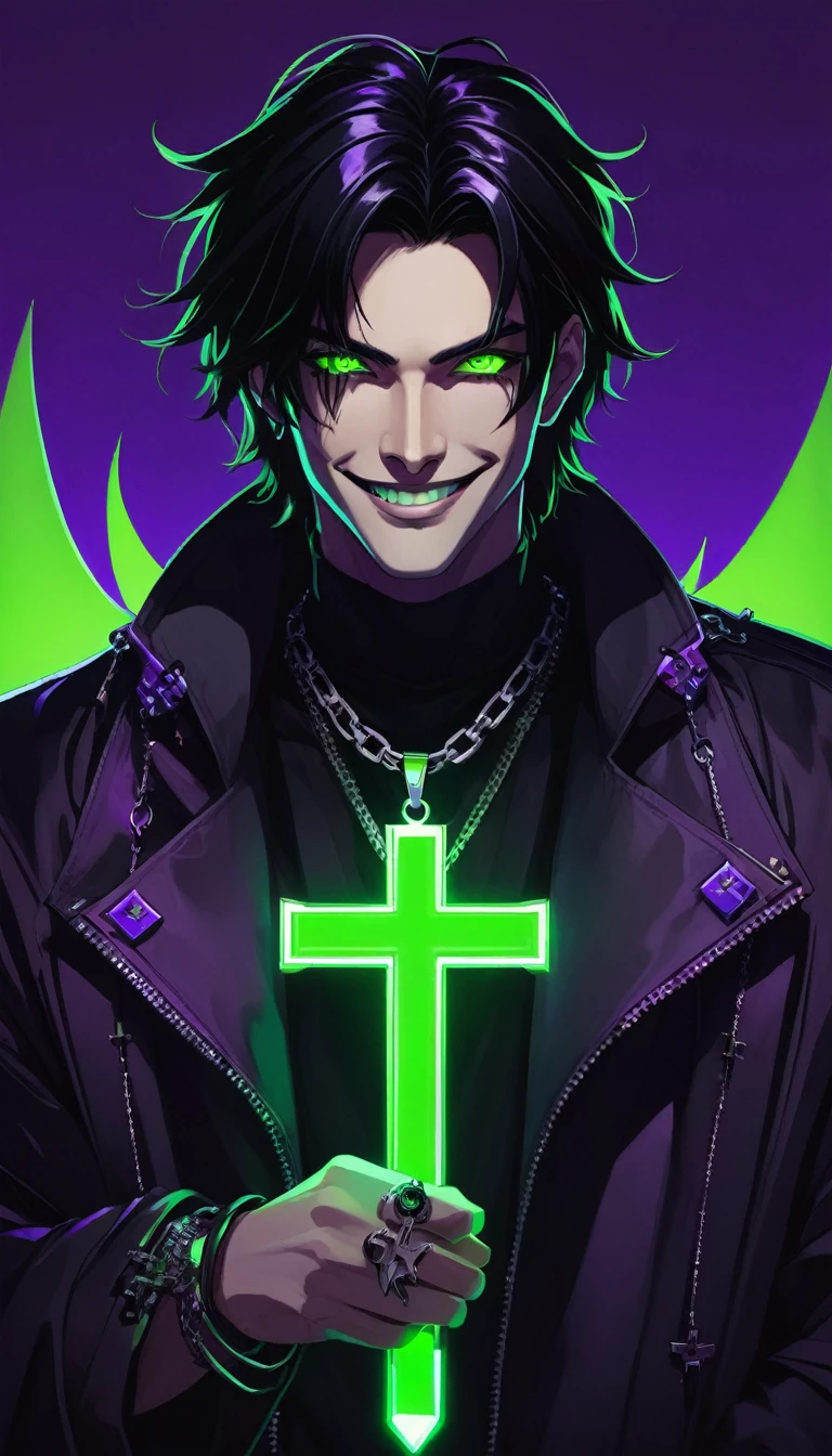 A guy with black hair and glowing green eyes wearing an evil smile, he is smiling like the devil while holding his cross necklace in front of him against a purple background. The art is in an anime style with a cyberpunk and dark fantasy aesthetic.