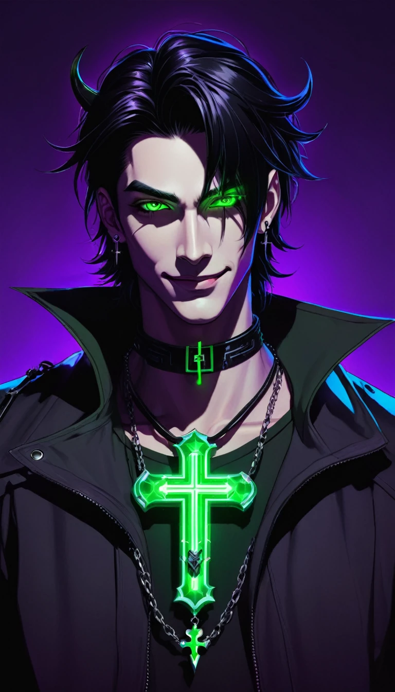 A guy with black hair and glowing green eyes wearing an evil smile, he is smiling like the devil while holding his cross necklace in front of him against a purple background. The art is in an anime style with a cyberpunk and dark fantasy aesthetic.