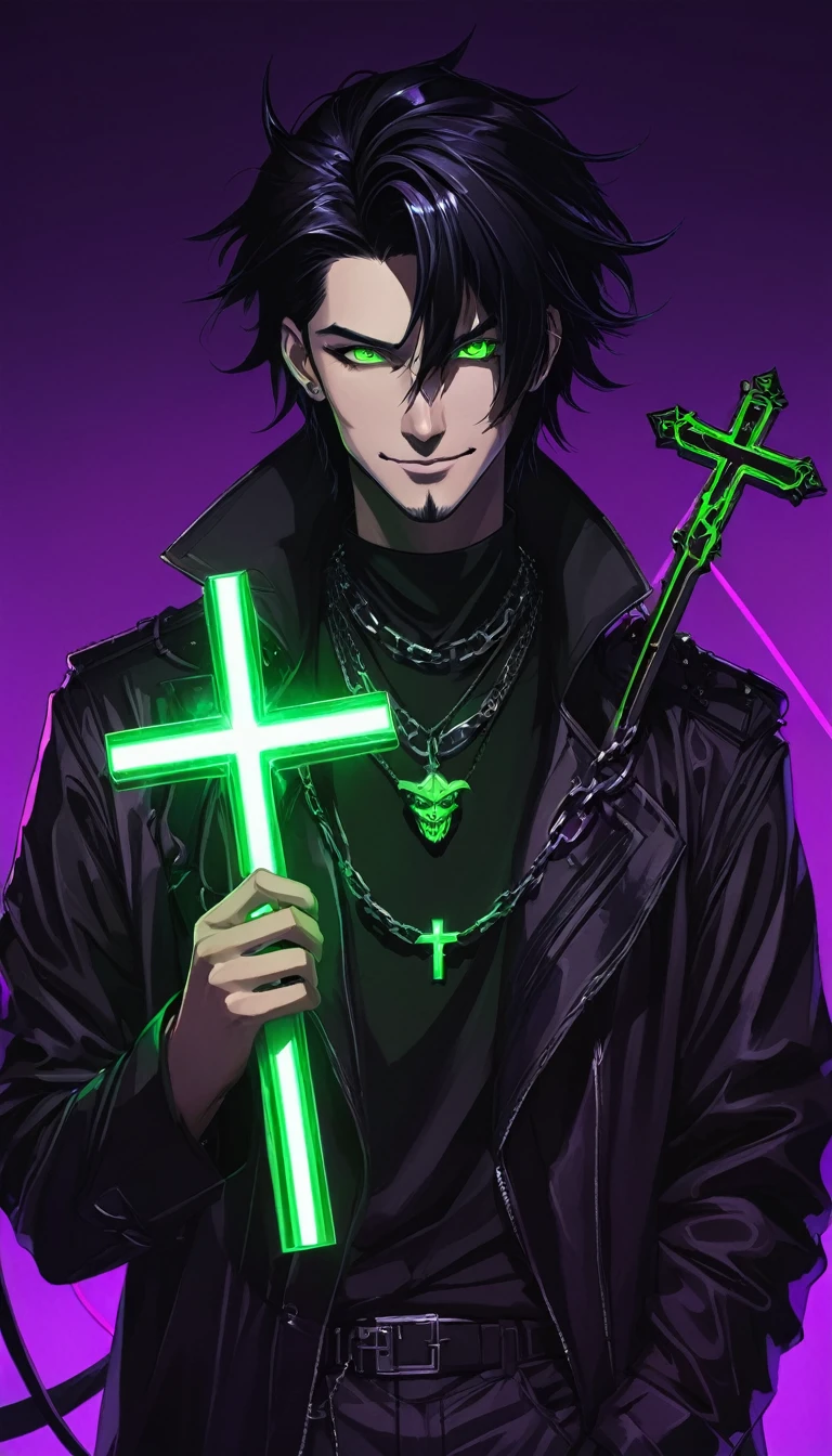 A guy with black hair and glowing green eyes wearing an evil smile, he is smiling like the devil while holding his cross necklace in front of him against a purple background. The art is in an anime style with a cyberpunk and dark fantasy aesthetic.