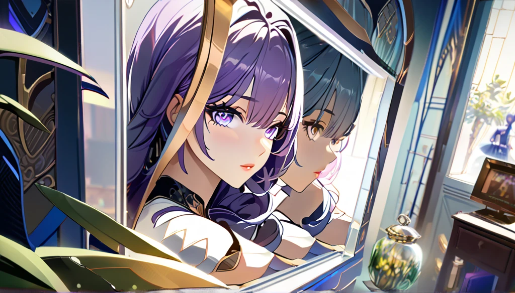 2girls, both from Honkai Star rail, selfie in mirror, long purple hair, long gray hair, beautiful detailed eyes, beautiful detailed lips, extremely detailed eyes and face, long eyelashes, intricate hairstyles, elegant outfits, posed selfie, warm lighting, depth of field, soft shadows, vibrant colors, digital art, photorealistic, 8k, high quality, masterpiece, concept art, fantasy